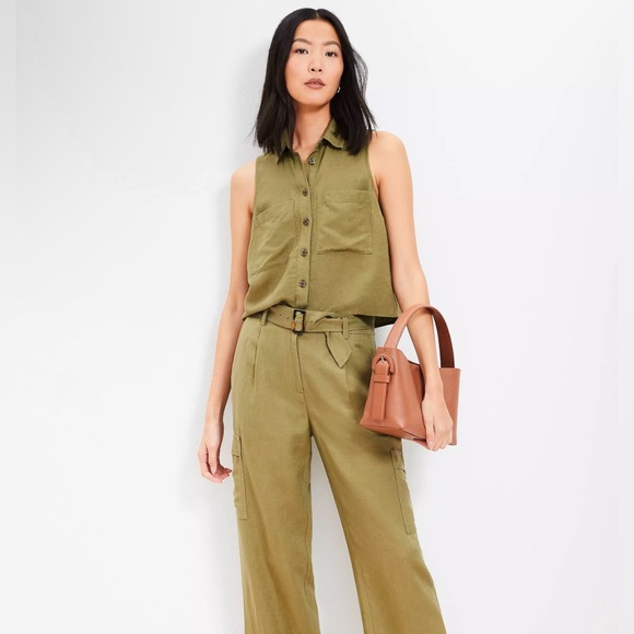 LOFT Pants - Loft Belted Drapey Cargo Linen Blend Pants Olive Green Womens Size 10 Workwear